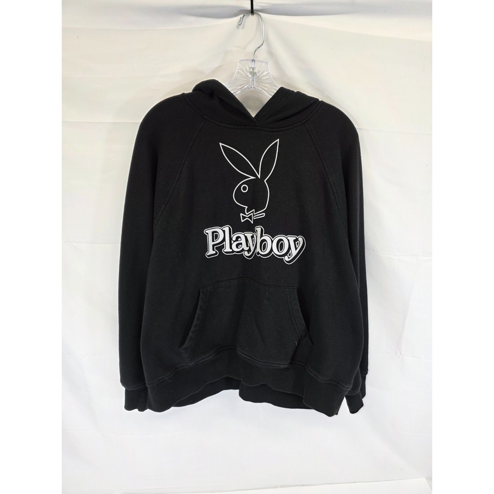 Playboy by PacSun Mens XS Black Hoodie Bunny Logo Raglan Pullover Sweatshirt